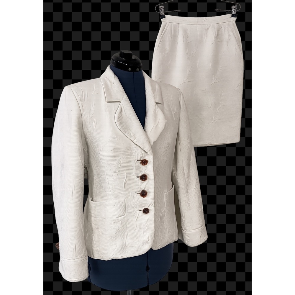 Vtg Yves Saint Laurent Rive Gauche White Cotton Jacquard Skirt Suitโ Set FR 38